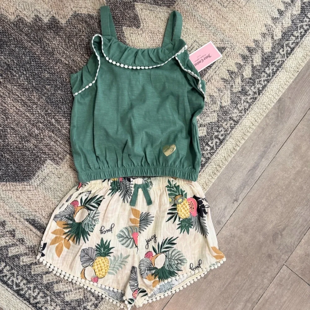 New Juicy Couture Boho Tank & Cream Tropical Print Tassel Shorts Girls sz 6 Set